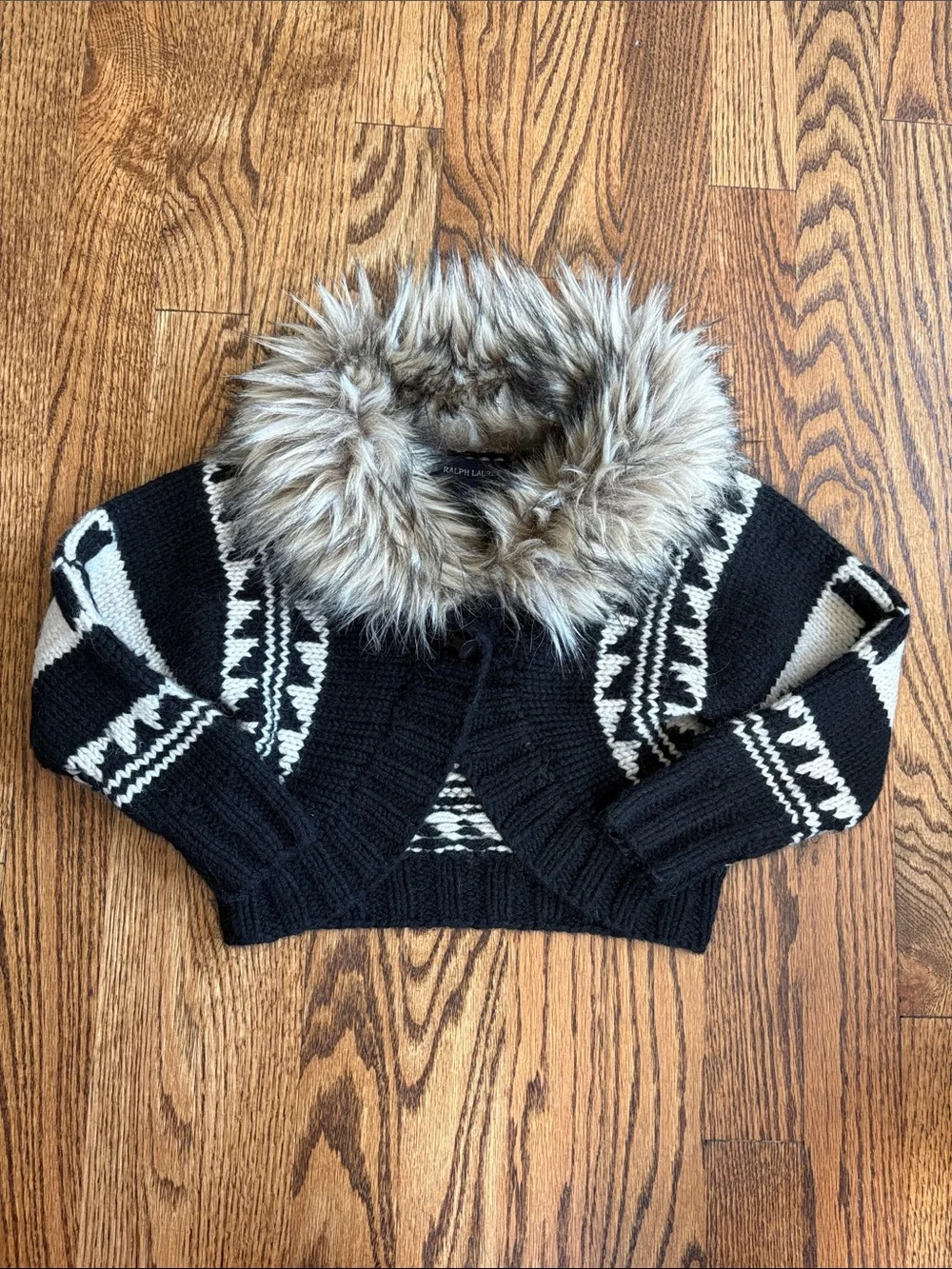 Ralph Lauren kids black and white hand knit cropped sweater with faux fur collar